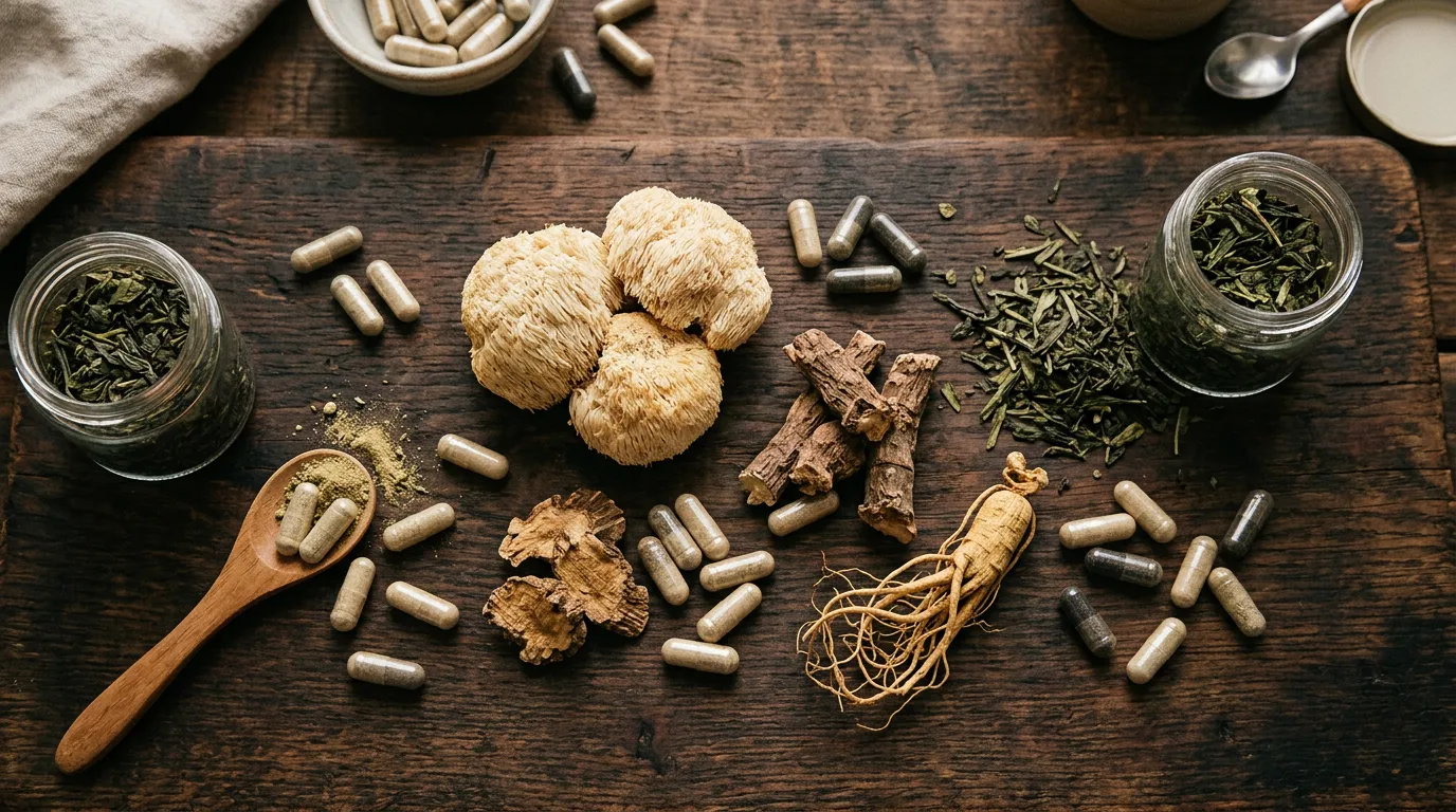 Prírodné nootropické suroviny a doplnky položené na tmavom drevenom povrchu.